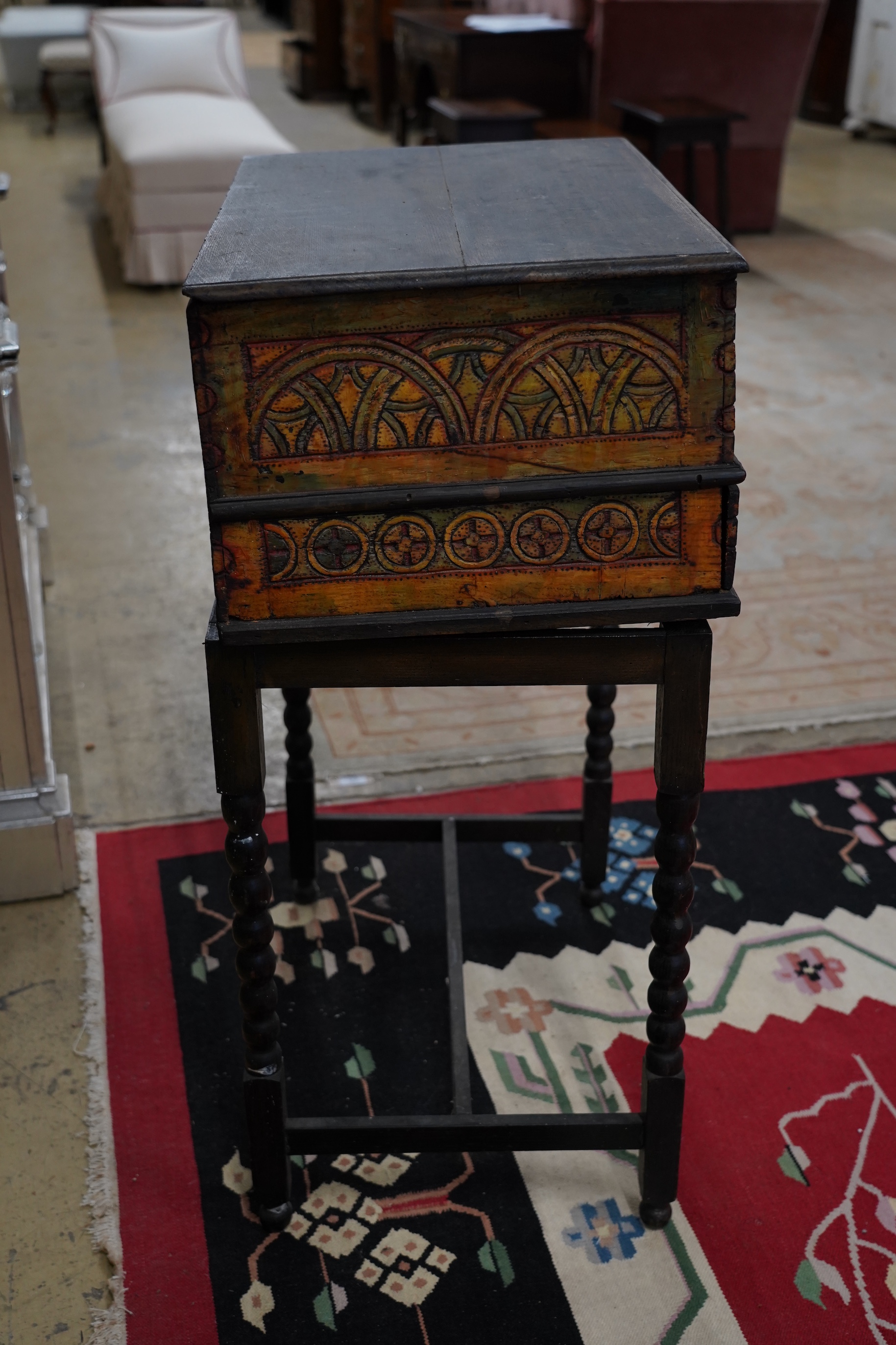 John Bratby (1928-1992): An oak bible box on stand, polychrome decorated by the artist